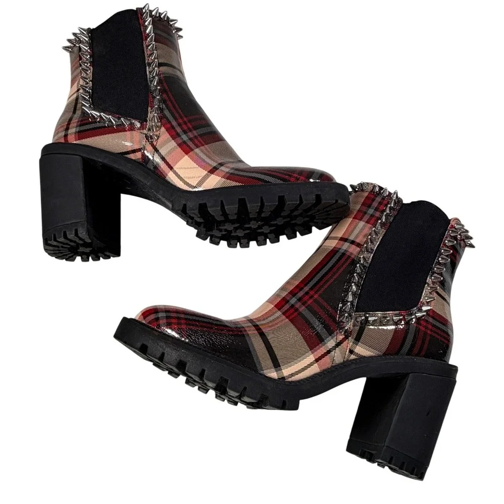 Jessica Simpson DEMMIE Plaid Studded Chelsea Booties Women 8M Spike Lug Sole